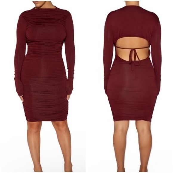 naked wardrobe Dresses & Skirts - NWOT Naked Wardrobe Ruched Long Sleeve Open Back Mini Dress In Burgundy Sz M